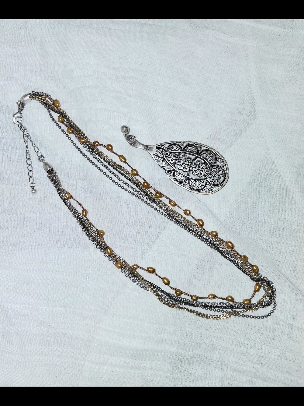 Premier Designs Silver Filigree Teardrop Necklace with Gold Bead Accents - Picture 3 of 4